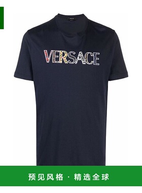 香港直邮Versace 海军蓝色LOGO刺绣短袖T恤 10024631A018111U610