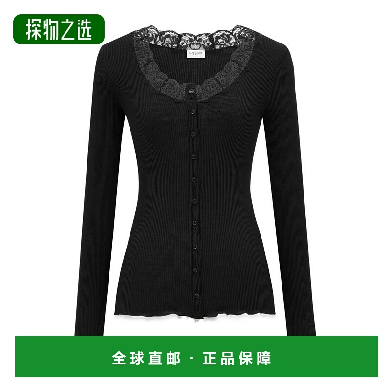 香港直邮Saint Laurent 罗纹羊毛蕾丝长袖开衫 800807Y37SN