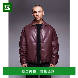 舒适时尚 香港直邮ASOS red红色 设计仿皮酒红色短夹克 男士