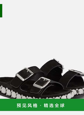 1h可退 香港直邮Alaïa 女士 Bombe 精饰绒面革凉拖 black黑色 舒