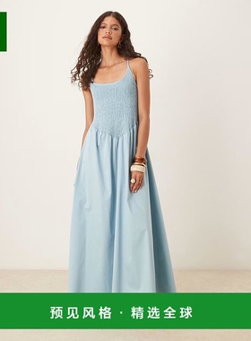 香港直邮ASOS 女士 设计圆领褶皱背部交叉带钢蓝色长款连衣裙