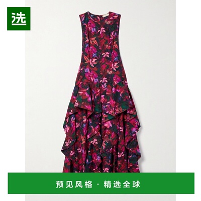 1h可退 香港直邮ULLA JOHNSON 女士 Mural 荷叶边印花棉质府绸长