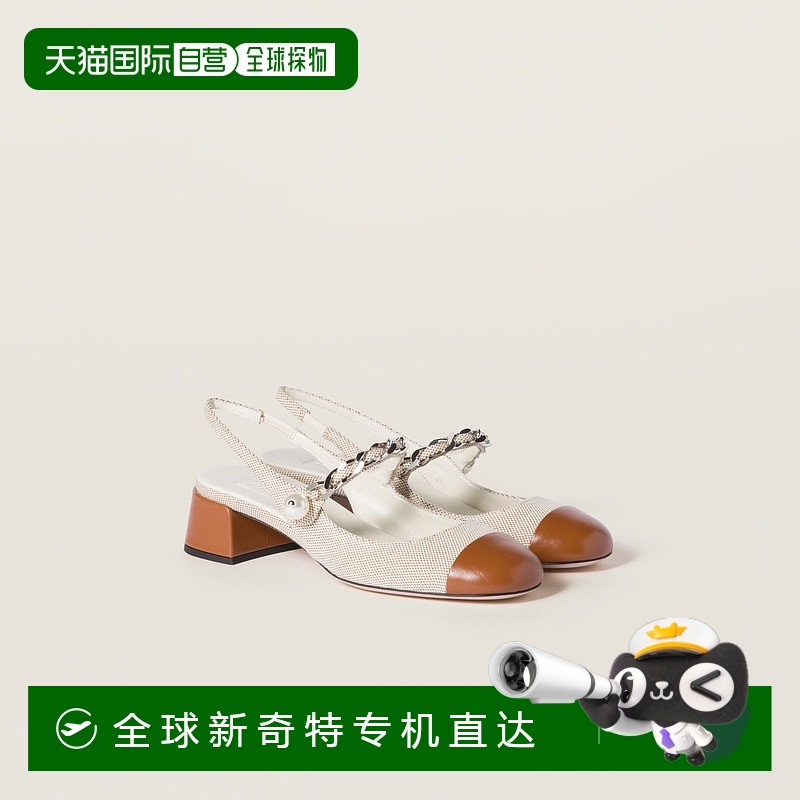 欧洲直邮MIU MIU (2025新品) 帆布皮革露跟高跟鞋珍珠玛丽珍鞋