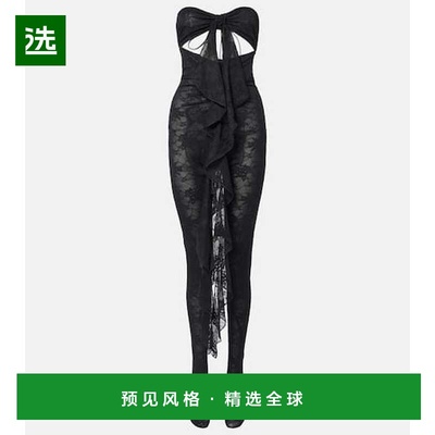 1h可退 香港直邮oseree 女士 荷叶边剪口蕾丝连衣裤 black黑色 舒