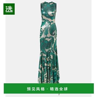 香港直邮Etro 艾特罗 女士 佩斯利露背金银锦缎长款连衣裙女装