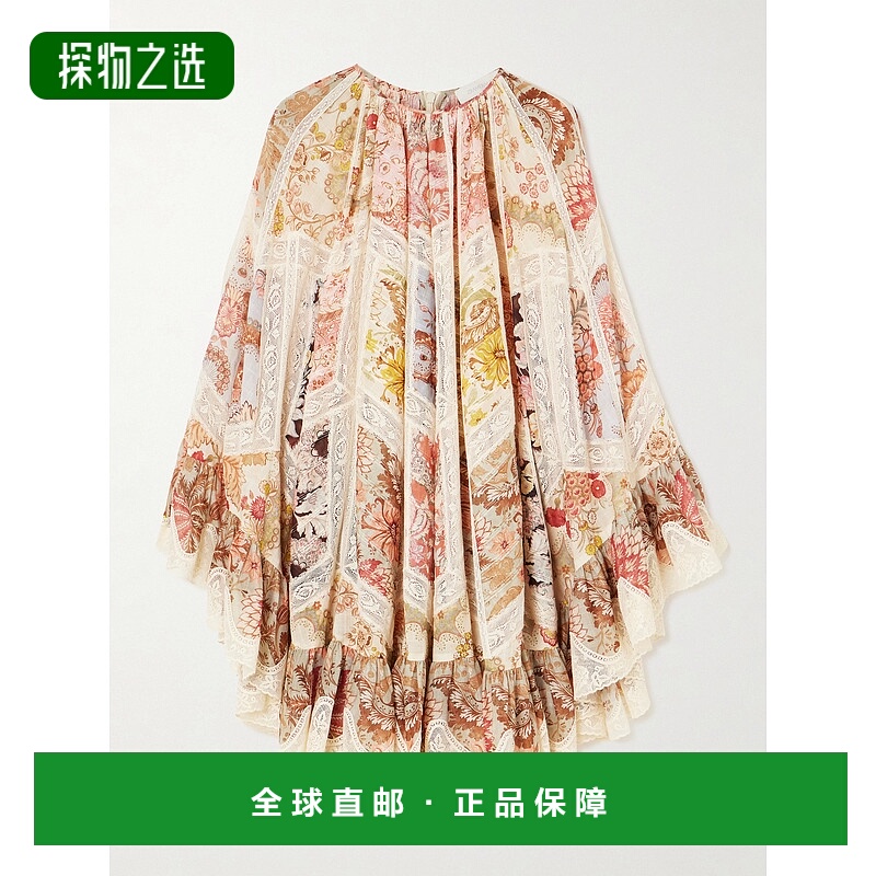 香港直邮ZIMMERMANN 女士 Daylight 飘逸蕾丝边层叠印花棉质迷你