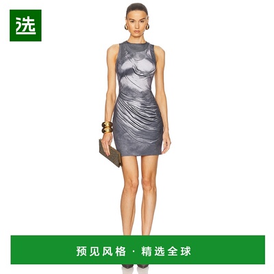1h可退 香港直邮Balmain 巴尔曼 女士 Strass 垂褶立体错视画连衣