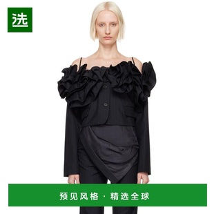 1h可退 【美国直邮】Pushbutton海军蓝露肩荷叶边夹克 女装短外套