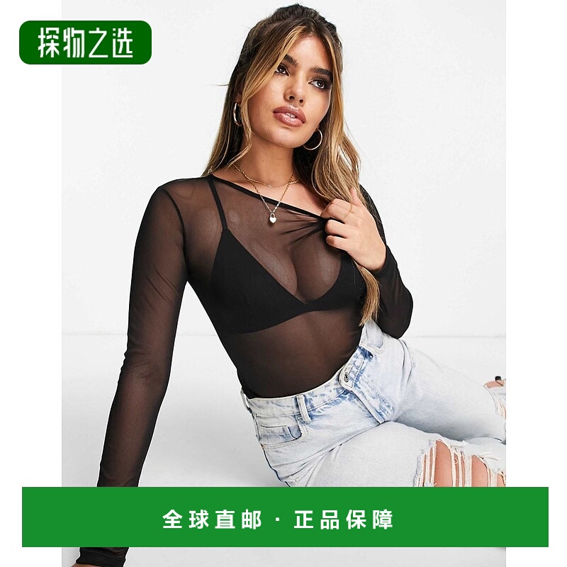 香港直邮ASOS 女士 设计短款网纱长袖上衣(黑色)