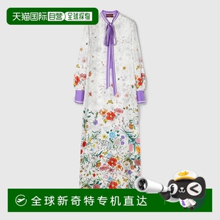 欧洲直邮Gucci 连衣裙 古驰 女士白色棉花卉印花领口系结长袖