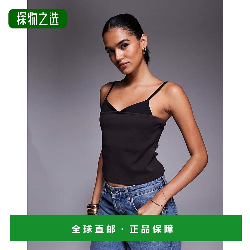 香港直邮ASOS 女士 设计庞特布混纺纱布织棕色黑色上衣