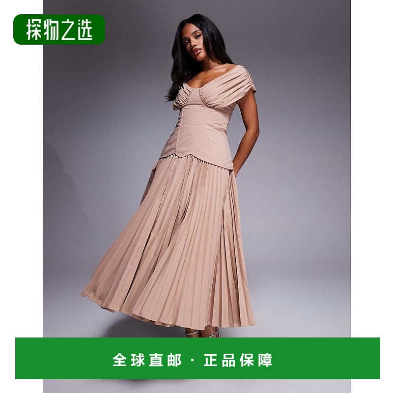 1h可退 香港直邮ASOS 女士 moulded hips 奢华露肩褶裥咖啡色中长