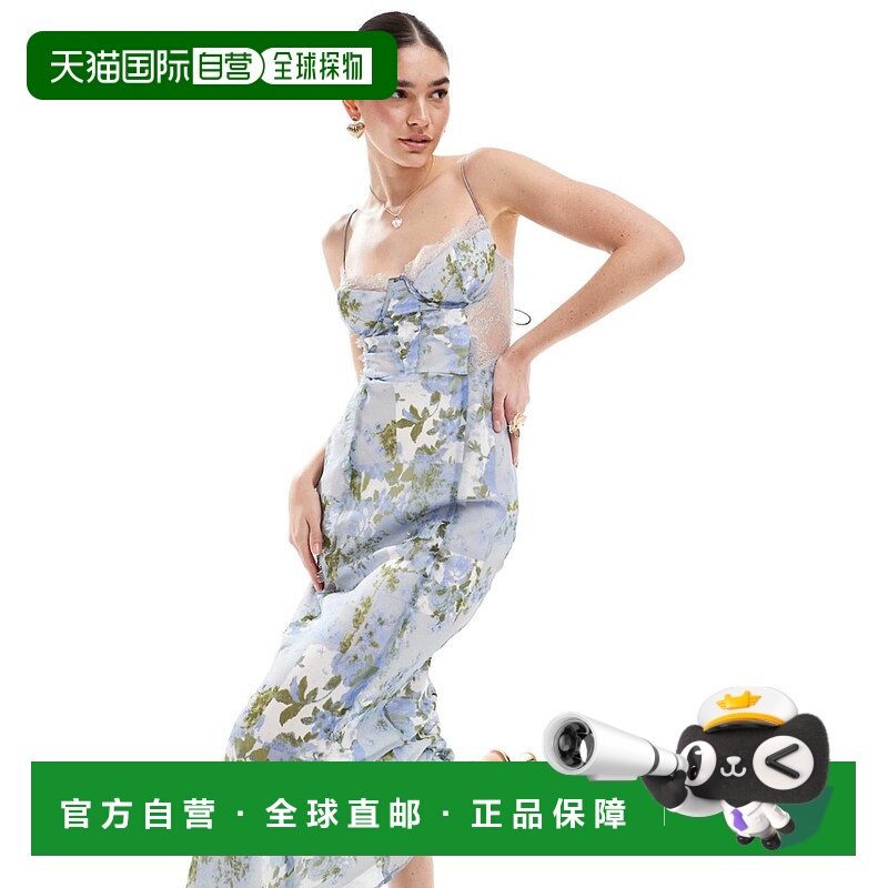 1h可退 香港直邮ASOS 女士 bias 设计束腰蕾丝拼块复古蓝色印花中