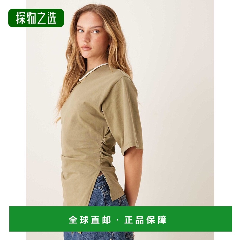 香港直邮ASOS 女士 设计紧身不对称下摆橄榄绿T恤