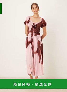 1h可退 香港直邮ASOS 女士 milkmaid 设计褶皱抽褶束腰泡泡袖中长