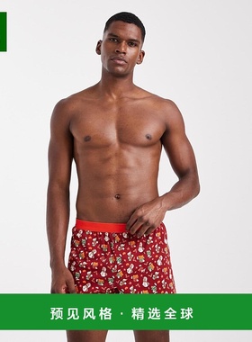 1h可退 香港直邮ASOS 男士 Christmas 设计复古印花红色四角裤