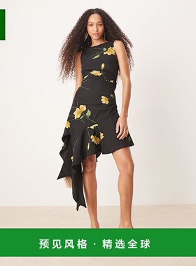 1h可退 香港直邮ASOS 女士 设计不对称褶边下摆黄色印花中长连衣(