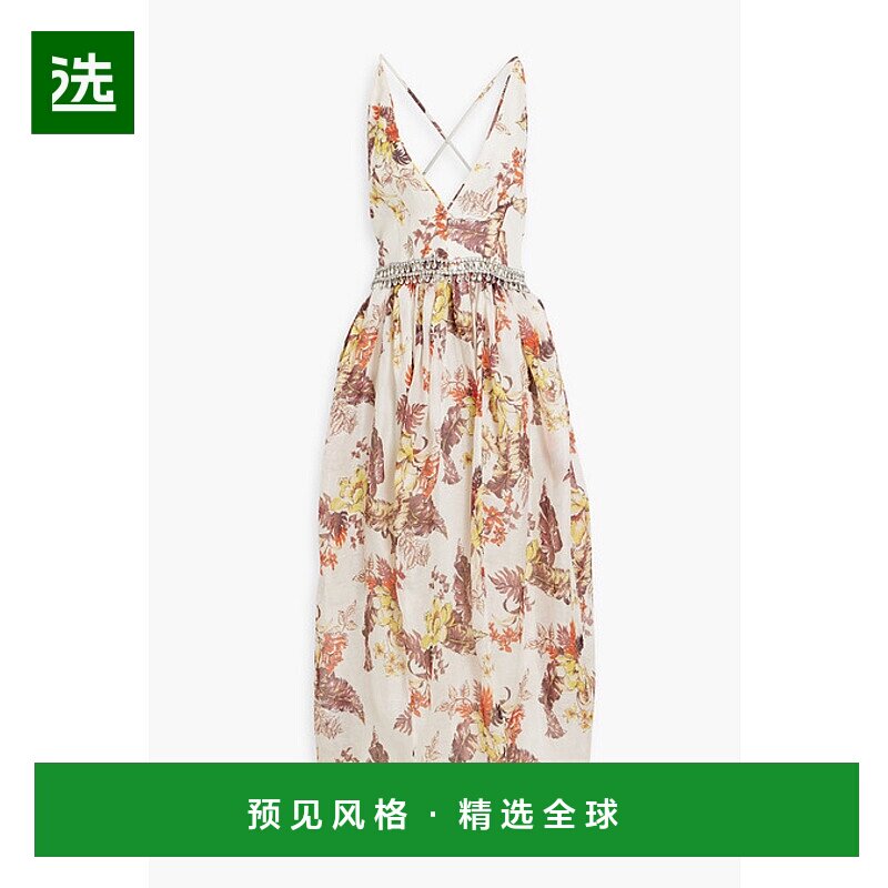香港直邮ZIMMERMANN 女士 水晶装饰印花亚麻真丝混纺中长连衣裙 8