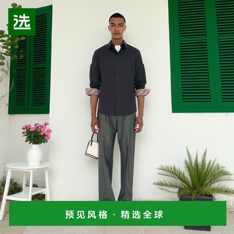 欧洲直邮Burberry博柏利 男士海军蓝棉骑士印章刺绣长袖衬衫男装