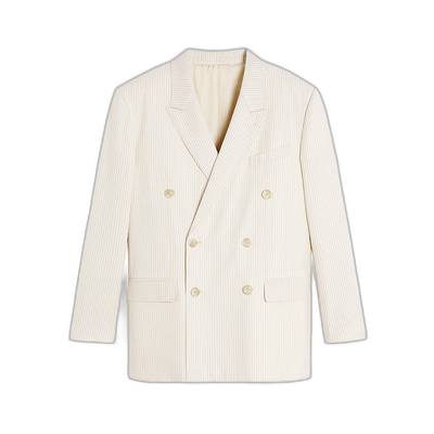 欧洲直邮CELINE/赛琳24新款 女士米白色羊毛虚线条纹垫肩双排扣西