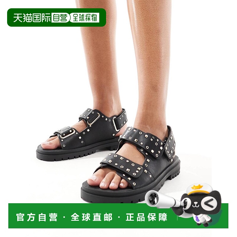 1h可退 香港直邮ASOS 女士 Fuse 设计粗跟金色五金件凉鞋(黑色)
