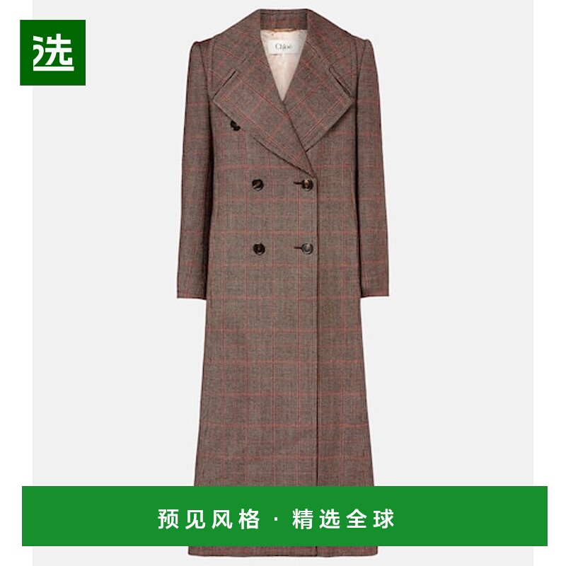 1h可退 香港直邮Chloe 蔻依 女士 格纹双排扣初剪羊毛大衣西装