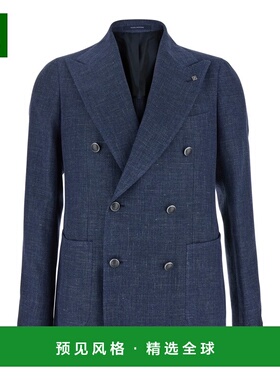 1h可退 香港直邮Tagliatore 男士 Front 蓝色双排扣带Logo订线亚