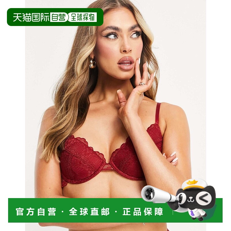 香港直邮ASOS 女士 Rosie 设计蕾丝带里衬深V带钢圈酒红色文胸