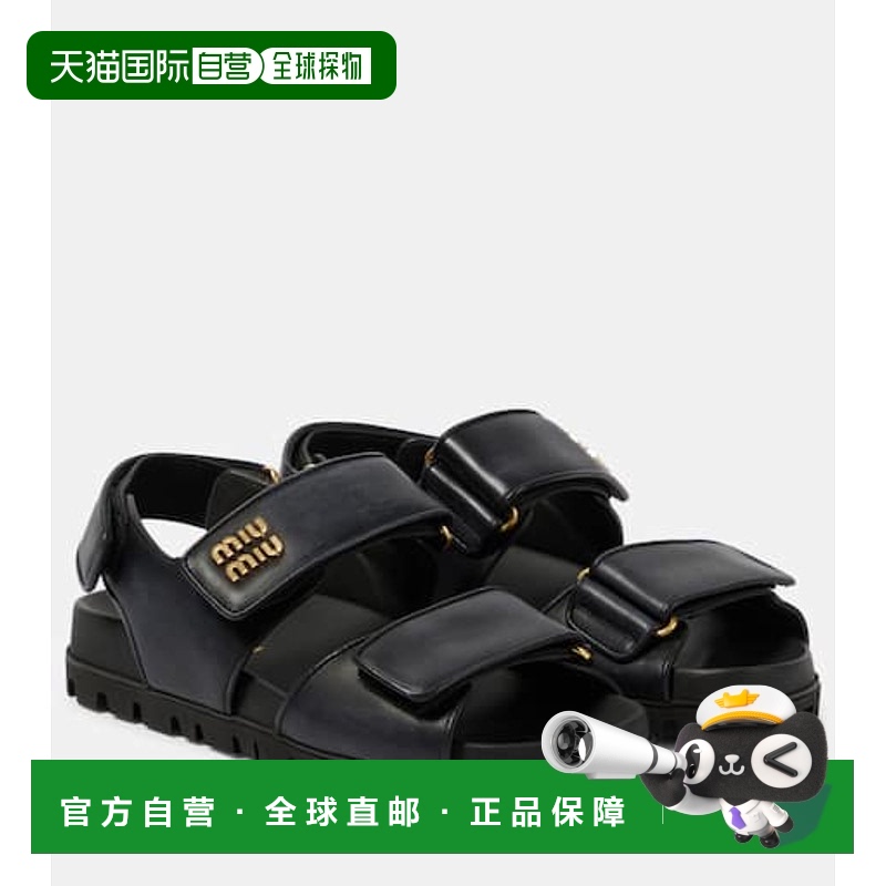 1h可退 香港直邮Miu Miu 缪缪 女士 徽标皮质凉鞋 black黑色 舒适