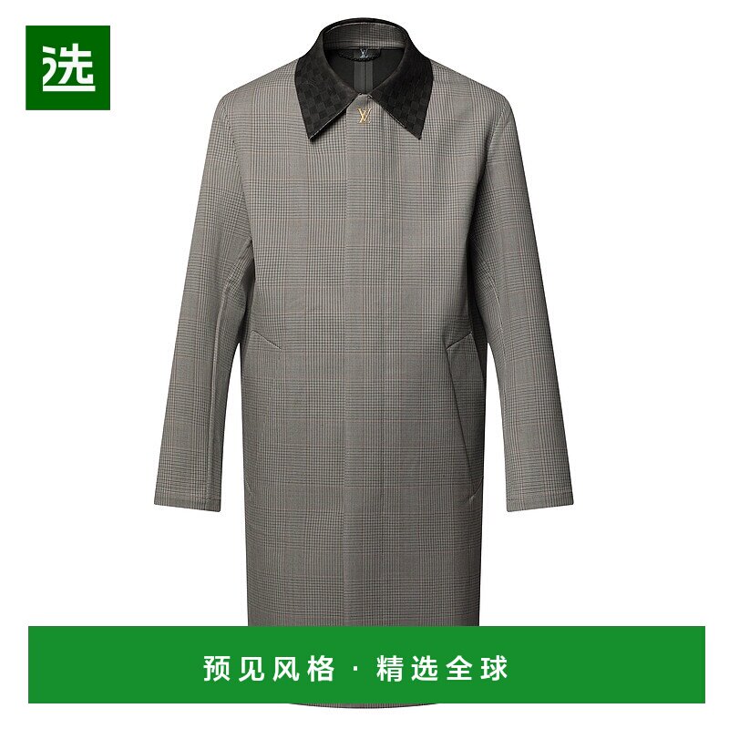 1h可退 欧洲直邮LV路易威登 Damier男士灰色羊毛棋盘格风衣