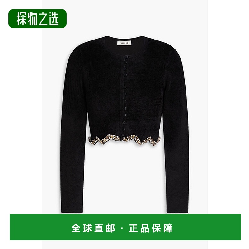 香港直邮Sandro 女士 短款水晶装饰天鹅绒针织开衫 SFPCA01131BLA
