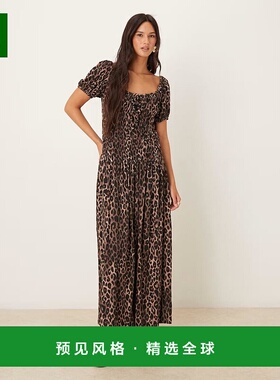 香港直邮ASOS 女士 milkmaid 设计褶皱抽褶束腰泡泡袖中长茶色豹