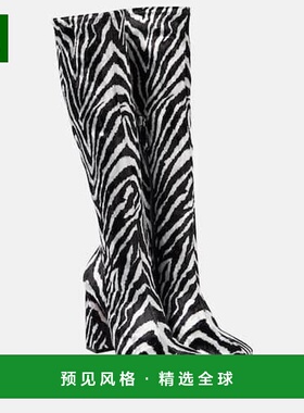 1h可退 香港直邮Amina Muaddi 女士 95 海蓝色弹力天鹅绒及膝靴子