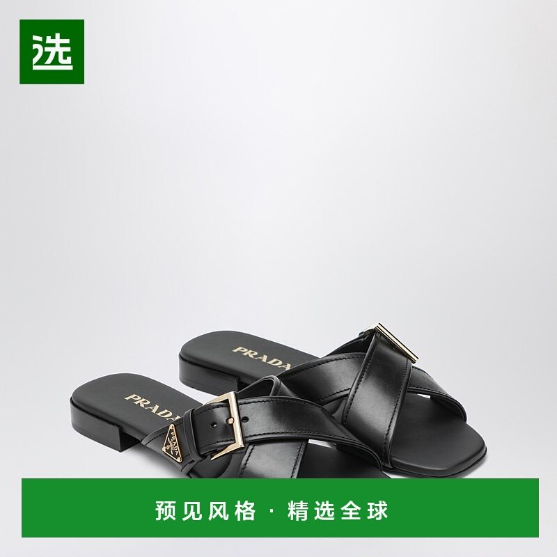 香港直邮Prada 普拉达 女士 黑色皮质搭扣凉拖 1XX778010248F0002