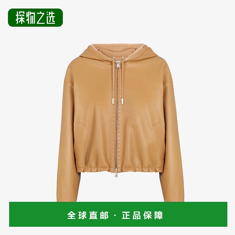 1h可退 欧洲直邮FENDI (2025新品) 米色皮夹克-束腰短款针织羊绒
