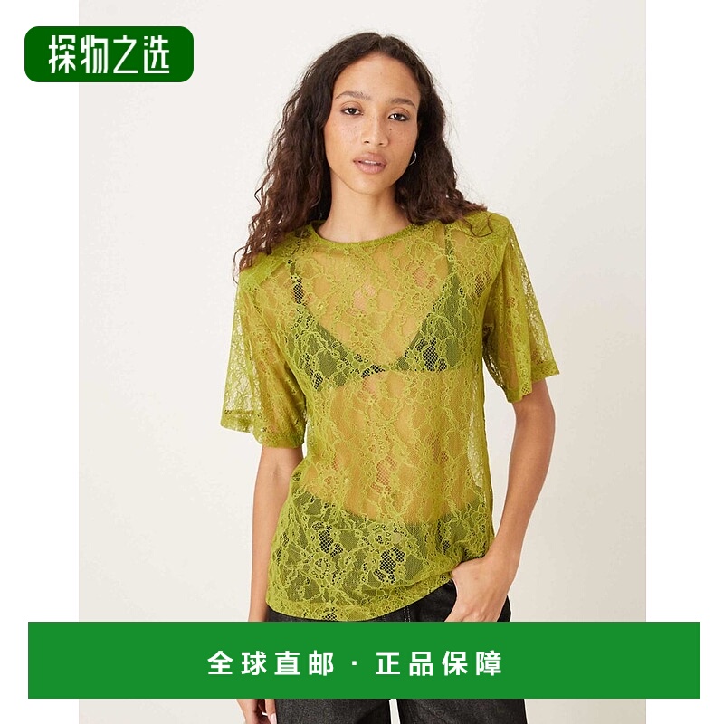香港直邮ASOS 女士 设计蕾丝宽松款透视垫肩橄榄绿T恤