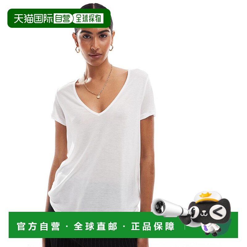 1h可退 香港直邮ASOS 女士 设计宽松V领T恤(白色) white白色 舒适