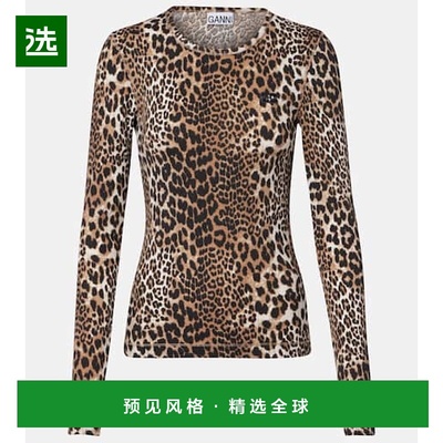 1h可退 香港直邮GANNI 甘尼 女士 豹纹棉混纺上衣 yellow黄色 舒