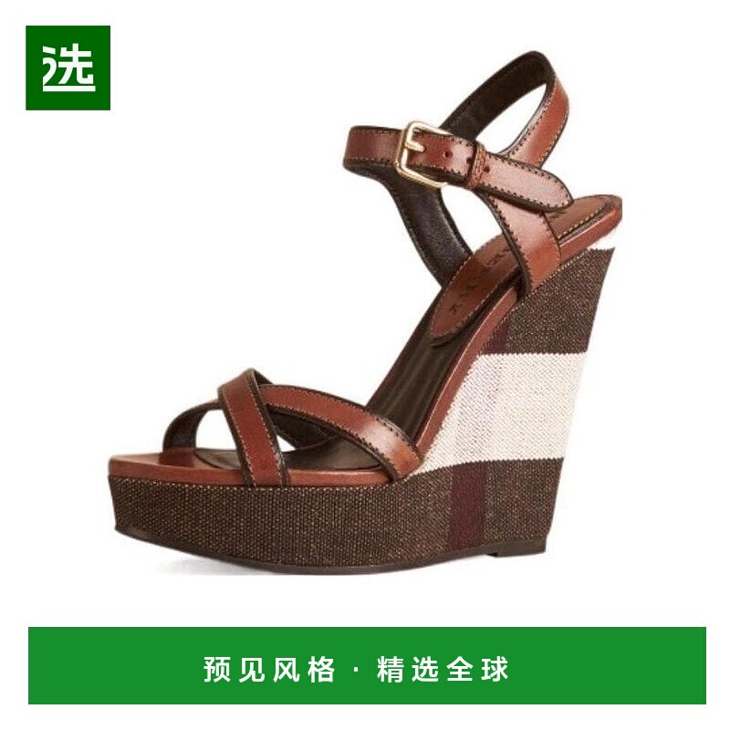 香港直邮Burberry 格纹搭扣坡跟凉鞋 40035241