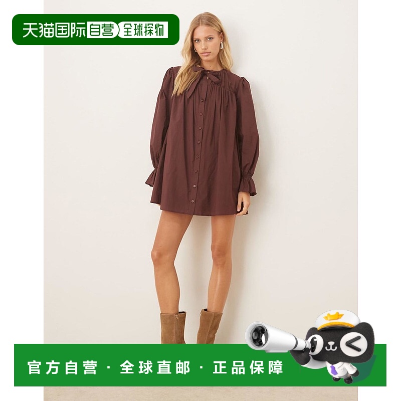 1h可退 香港直邮ASOS 女士 through 设计系扣迷你绑带领酒红色连(