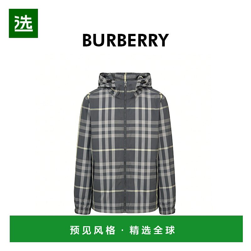 欧洲直邮Burberry/博柏利 男士外套黑色混纺格纹拉链连帽图片