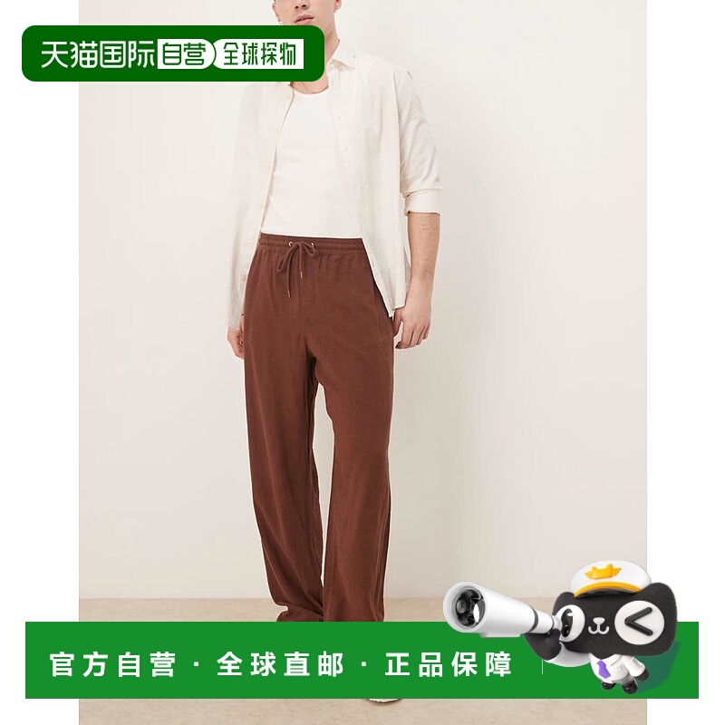 香港直邮ASOS 男士 pull on rich 设计宽松款亚麻棕色裤子
