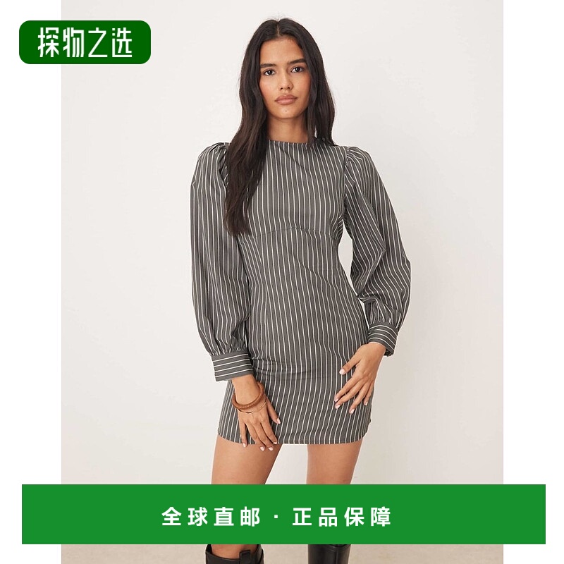 香港直邮ASOS 女士 设计府绸水手领雕刻迷你蝙蝠袖细条纹连衣裙()