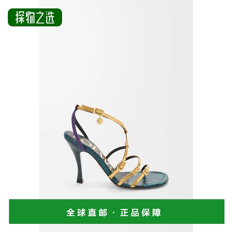 自营欧洲直邮Loewe罗意威 女士金色/多色牛皮交叉绑带高跟凉鞋