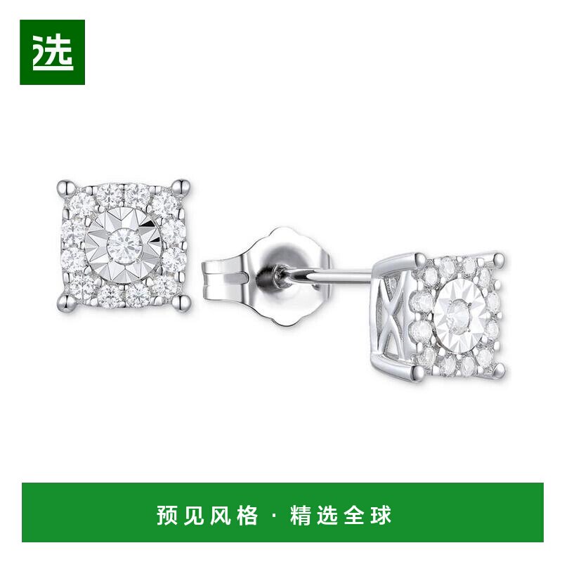 1h可退 【美国直邮】Macy's|纯银钻石方形光环耳钉（1/4 克拉总重