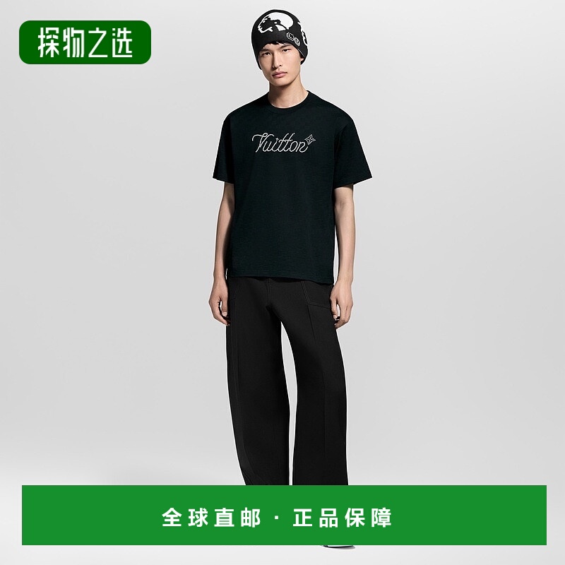 自营欧洲直邮LV路易威登 男士黑色有机棉珠绣手写体logo标识短袖T