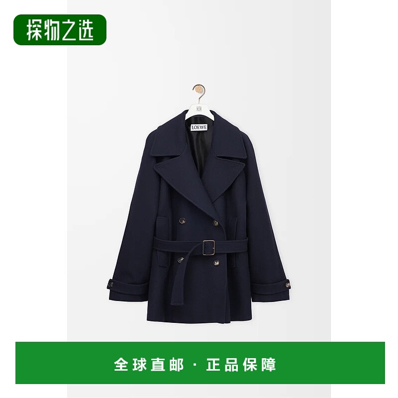 自营欧洲直邮Loewe罗意威 女士藏青色羊毛翻领纽扣闭合大衣