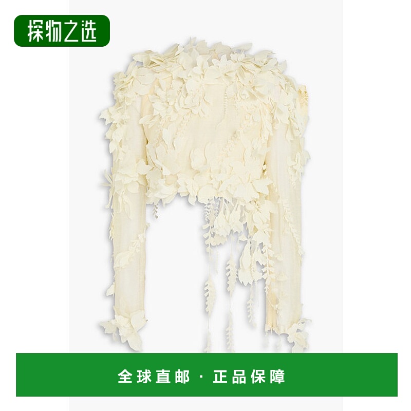 香港直邮ZIMMERMANN 女士 短款花朵装饰亚麻真丝混纺上衣 1401TS2