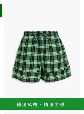 1h可退 香港直邮GANNI 甘尼 女士 方格棉布棉混纺绉条纹短裤 F753