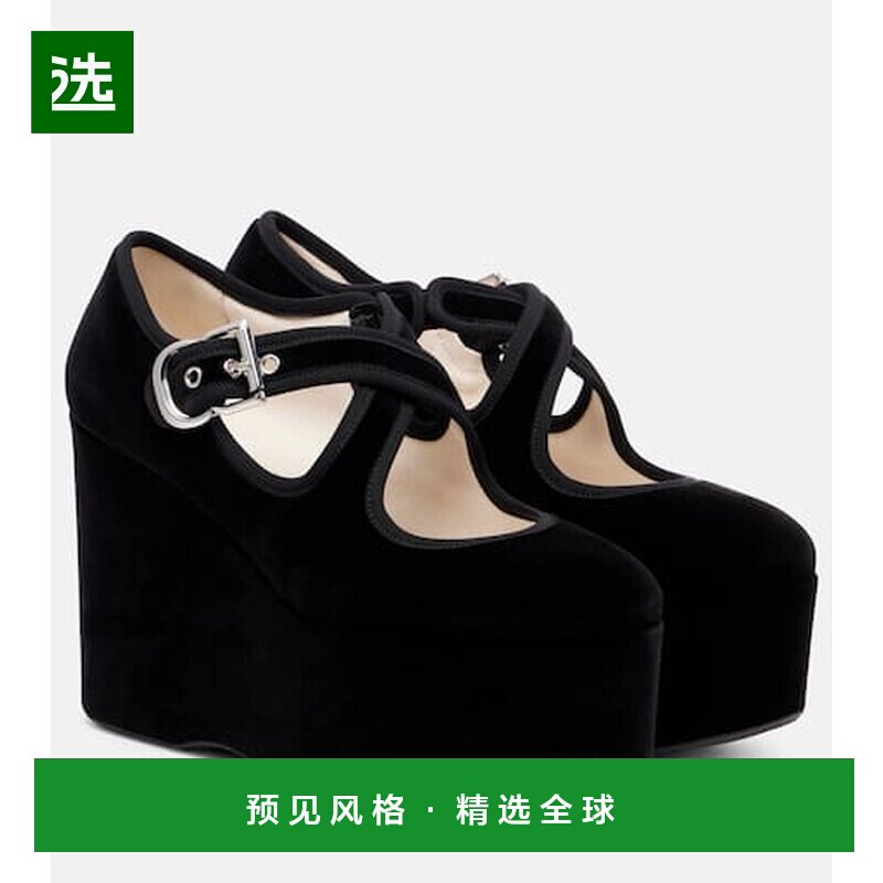 1h可退 香港直邮AlaÏa 女士 110 十字交叉天鹅绒坡跟鞋女鞋单鞋